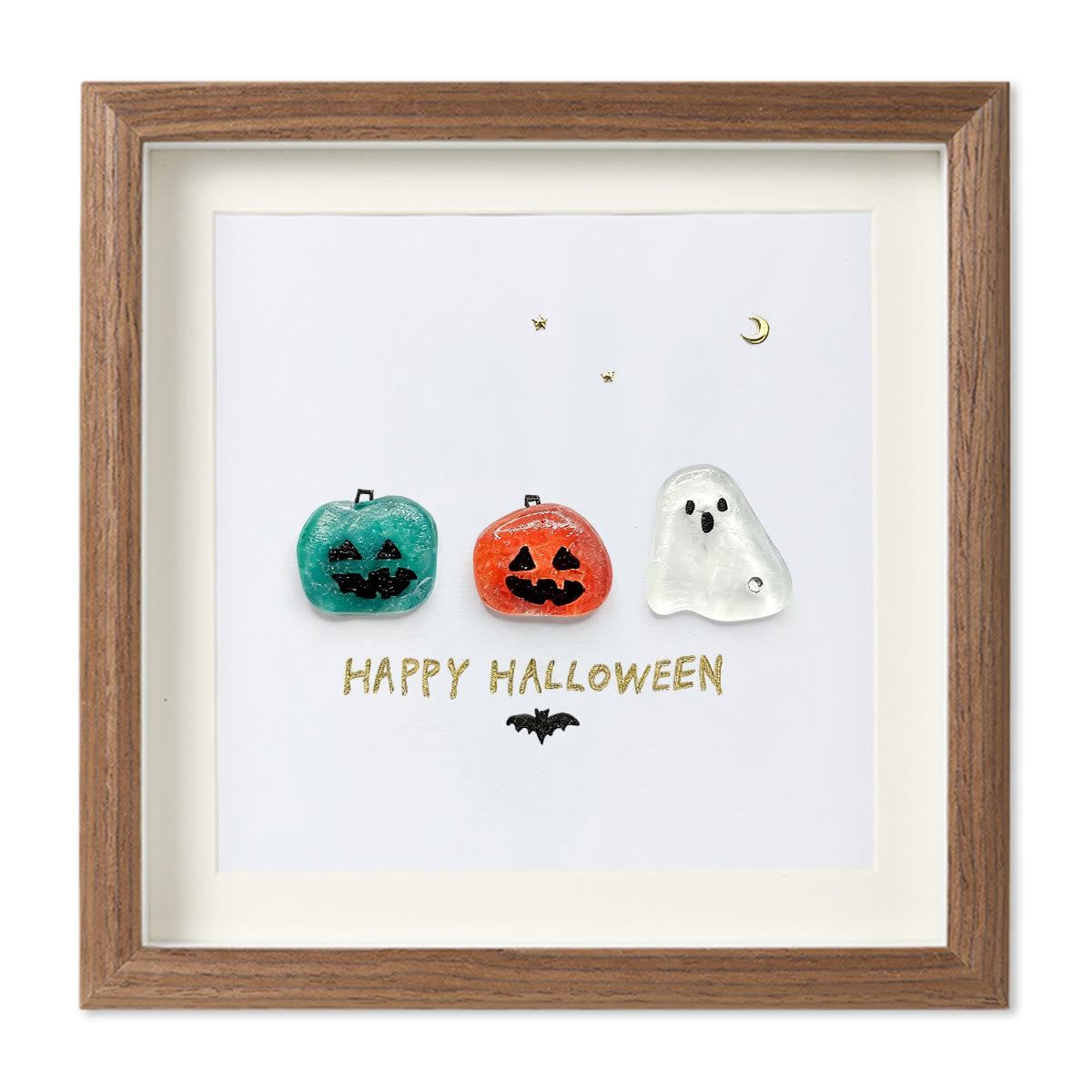 Halloween Jack O lantern And Ghost House Sea Glass Framed Art - Walnut Brown - 8" X 8" - image 7
