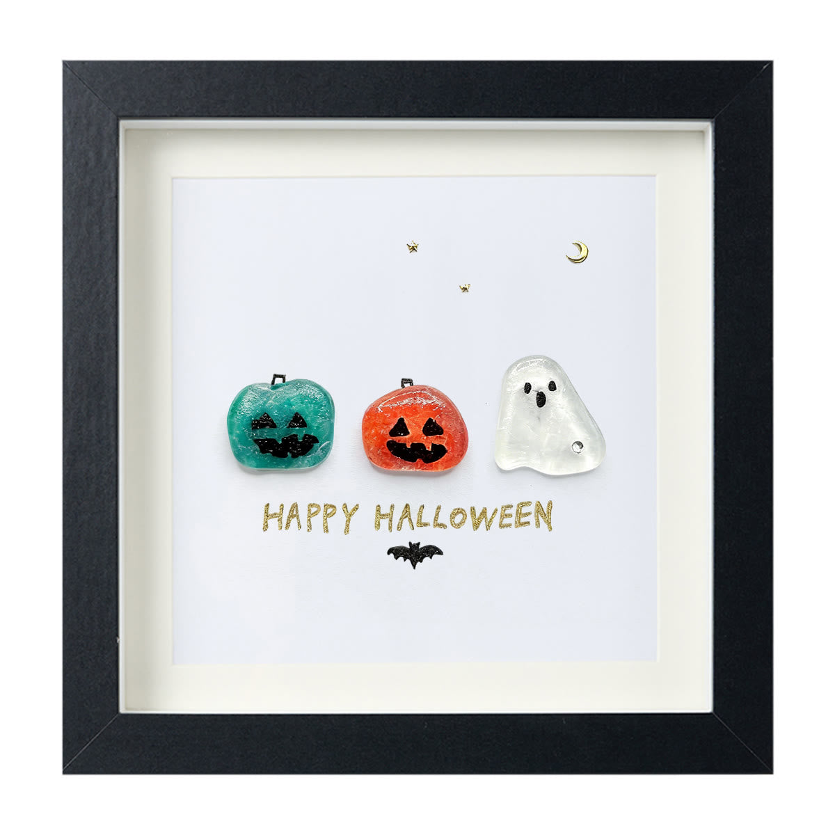 Halloween Jack O lantern And Ghost House Sea Glass Framed Art - Black - 8" X 8" - image 8
