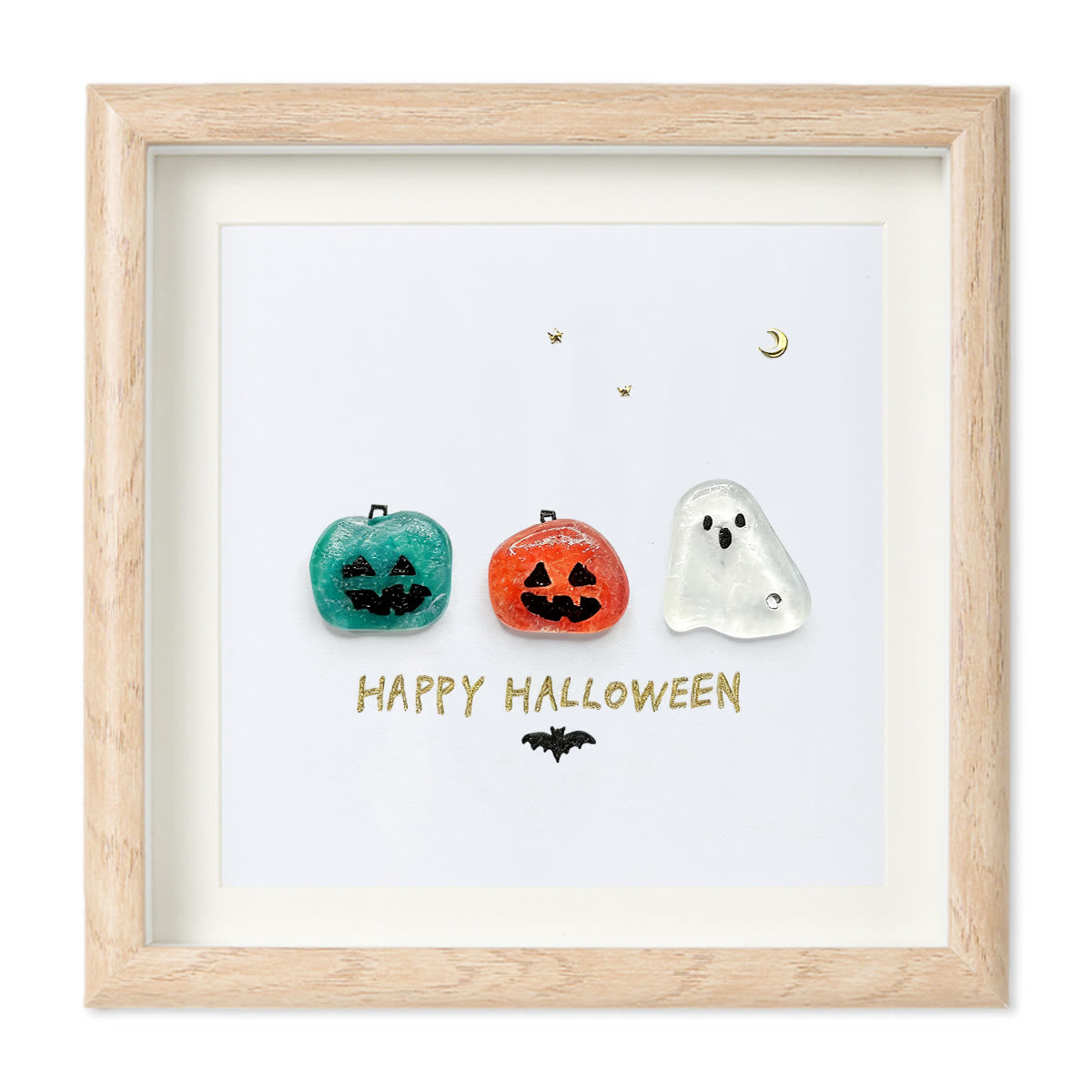 Halloween Jack O lantern And Ghost House Sea Glass Framed Art - Oak - 8" X 8" - image 6