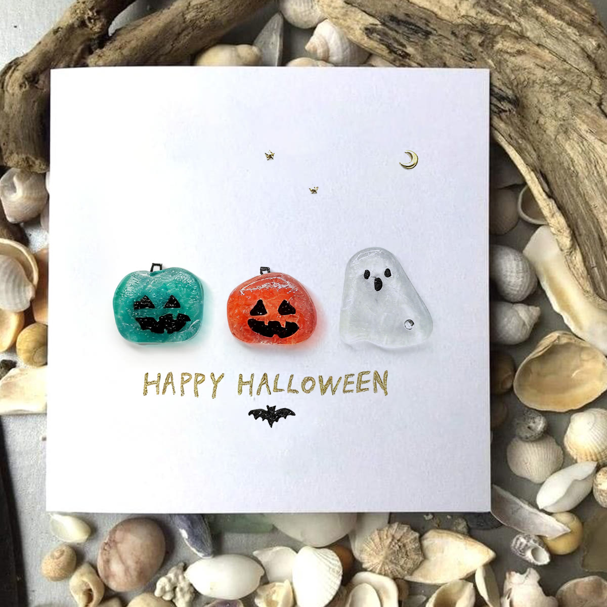 Halloween Jack O lantern And Ghost House Sea Glass Framed Art - Seaglass Card - 8" X 8" - image 1