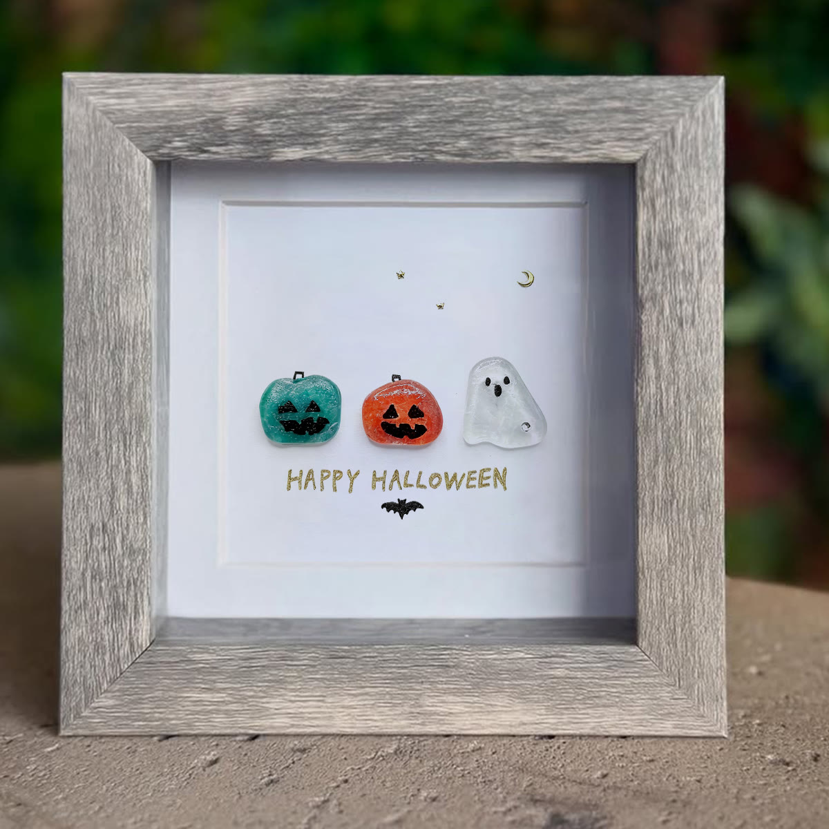Halloween Jack O lantern And Ghost House Sea Glass Framed Art - image 4