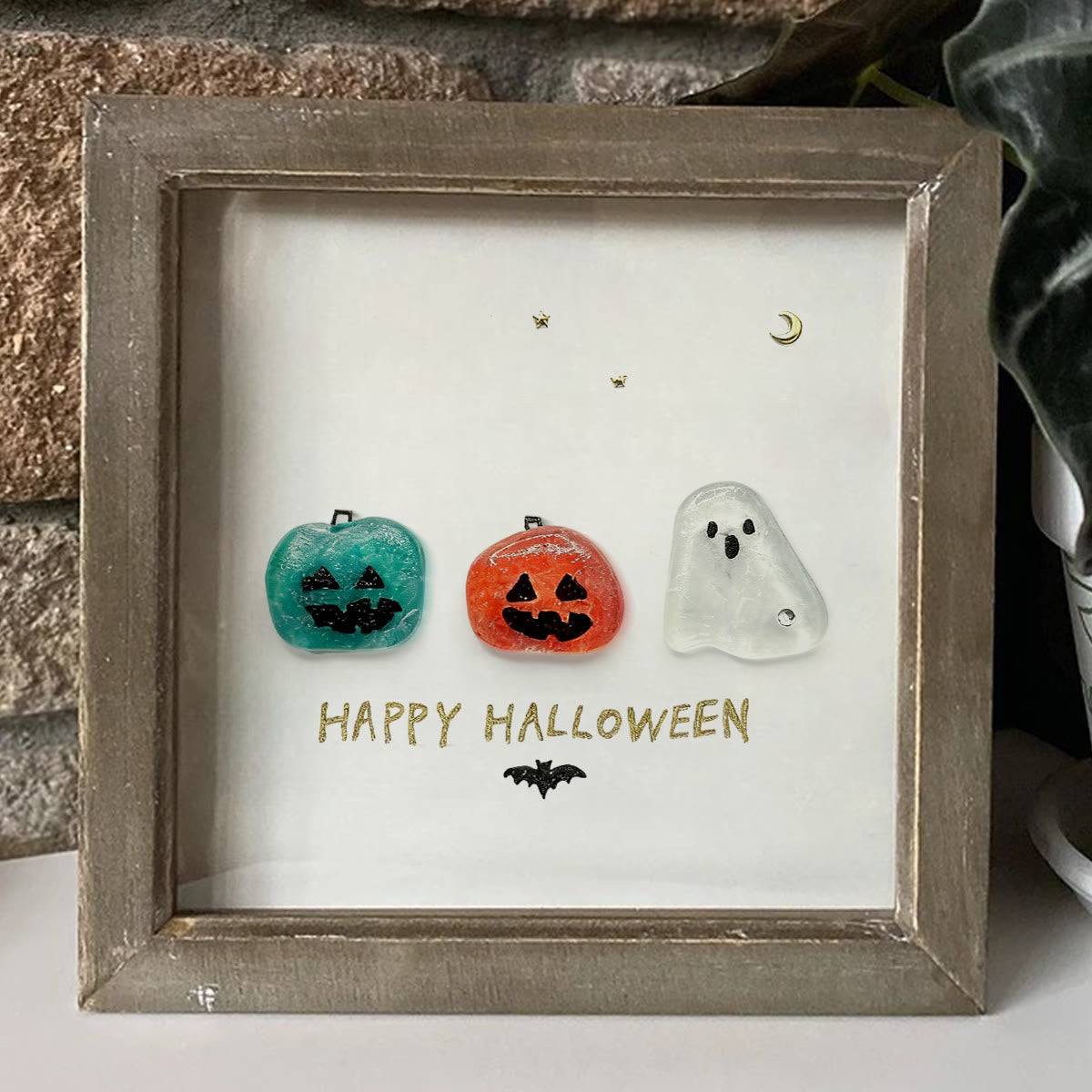 Halloween Jack O lantern And Ghost House Sea Glass Framed Art - image 2