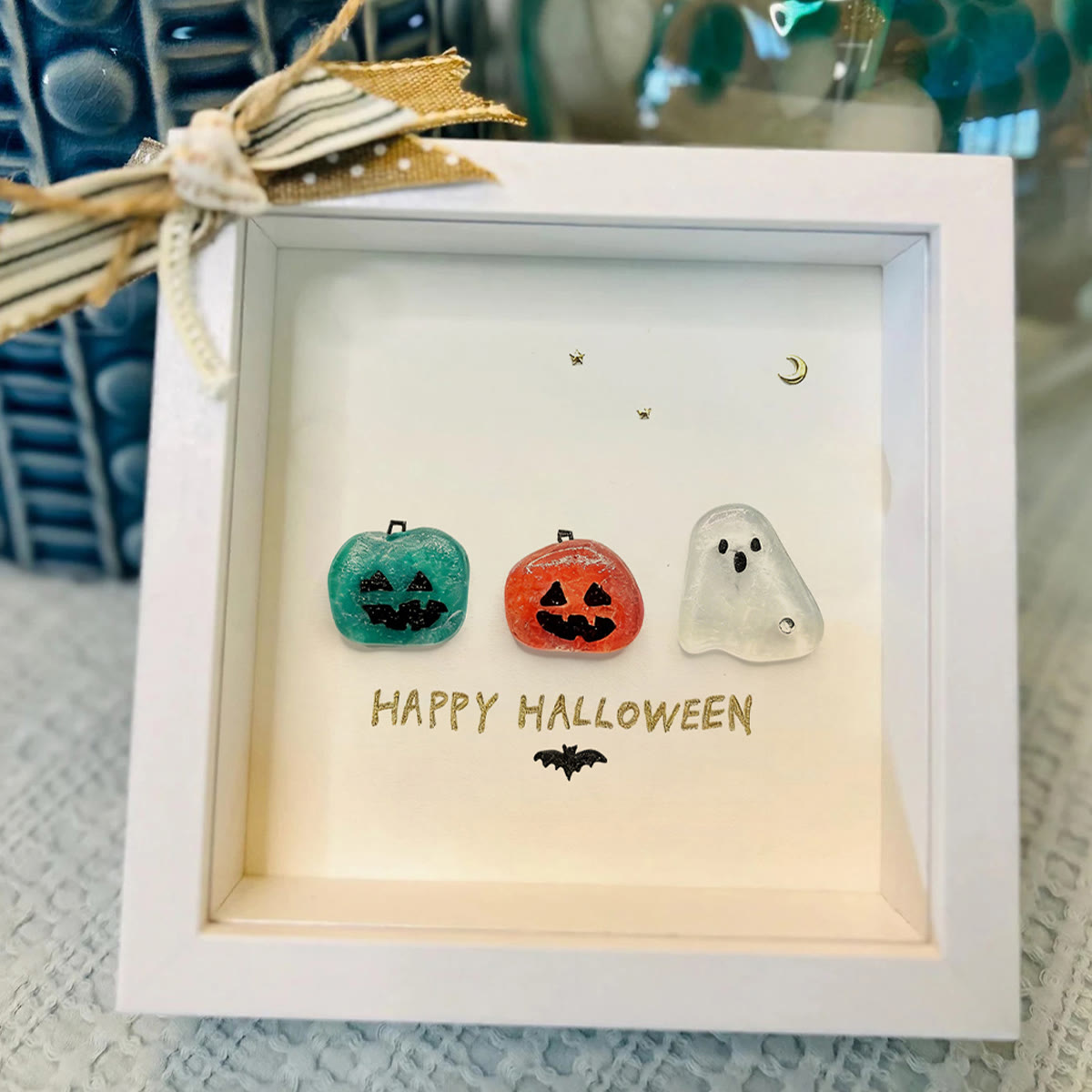 Halloween Jack O lantern And Ghost House Sea Glass Framed Art - image 0
