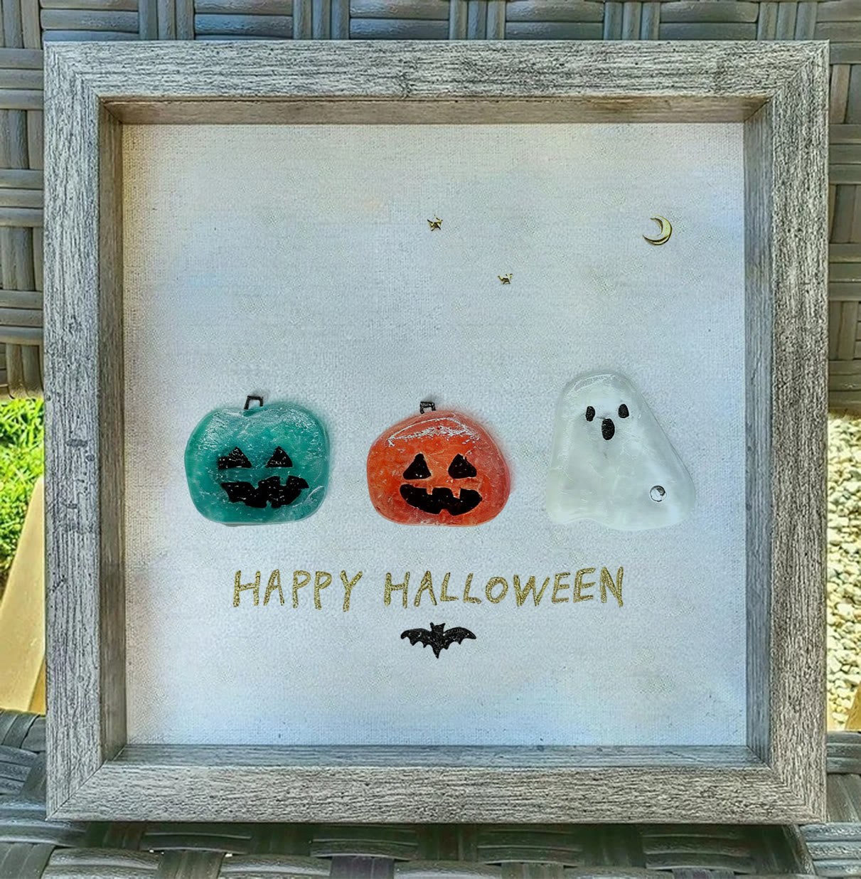 Halloween Jack O lantern And Ghost House Sea Glass Framed Art - image 4