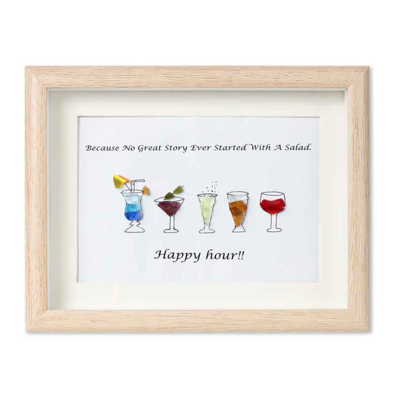 Happy Hour Colourful Sea Glass Framed Art Gift For Cocktail Lover - Oak - 6" X 8" - image 7