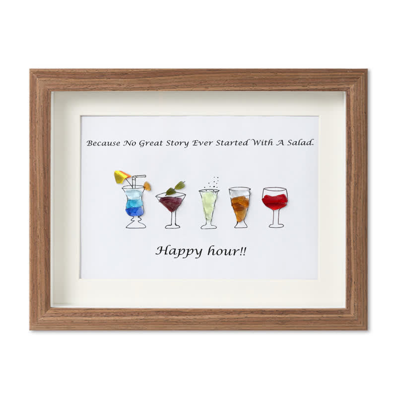 Happy Hour Colourful Sea Glass Framed Art Gift For Cocktail Lover - Walnut Brown - 6" X 8" - image 8
