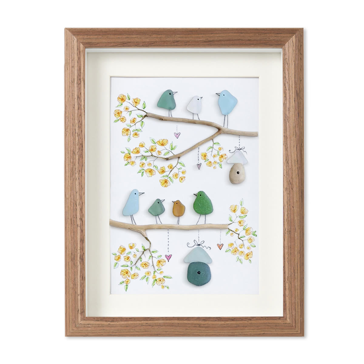 Birds On Blossom Branches Family Sea Glass Framed Art - Walnut Brown - 8" X 6" - image 9