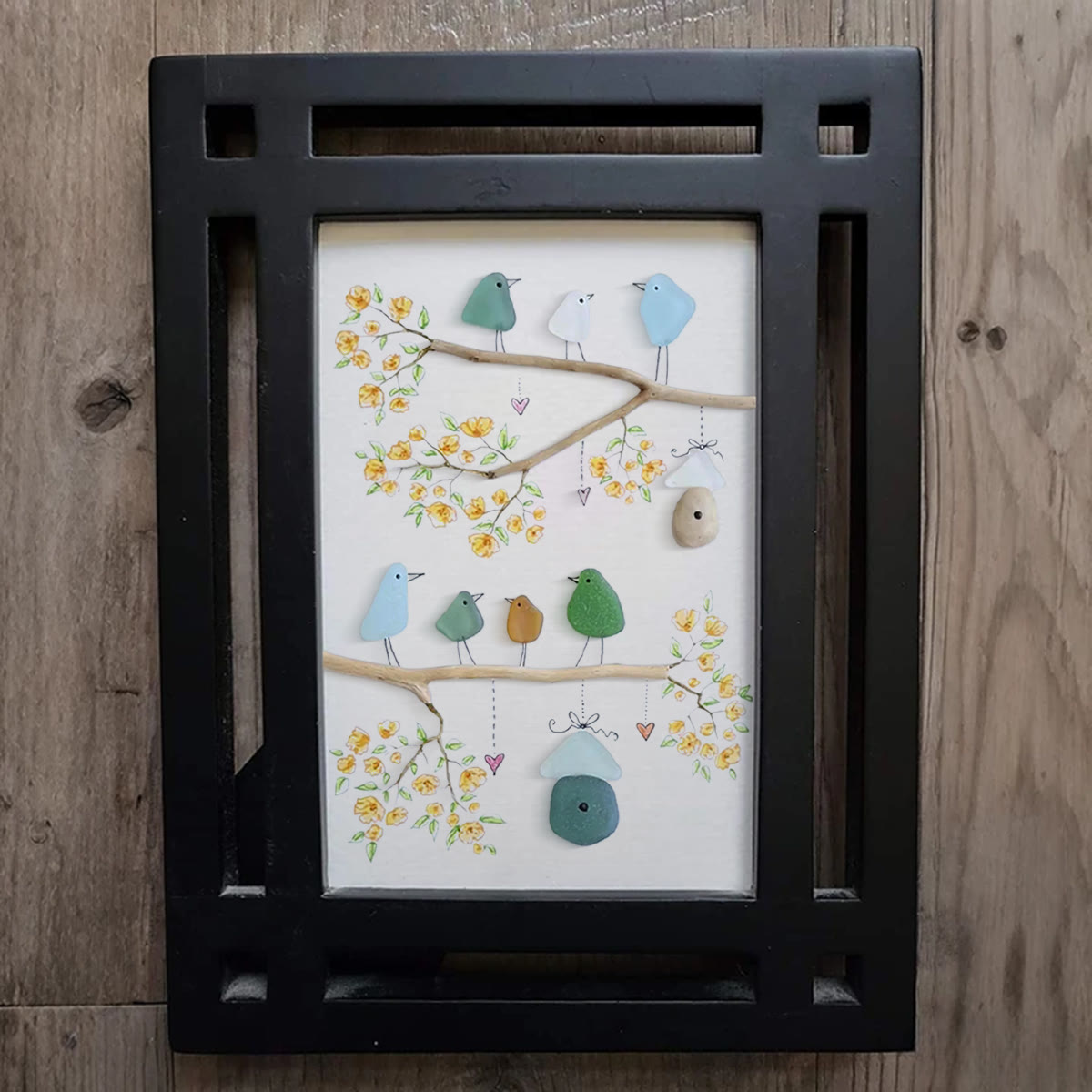 Birds On Blossom Branches Family Sea Glass Framed Art - image 5