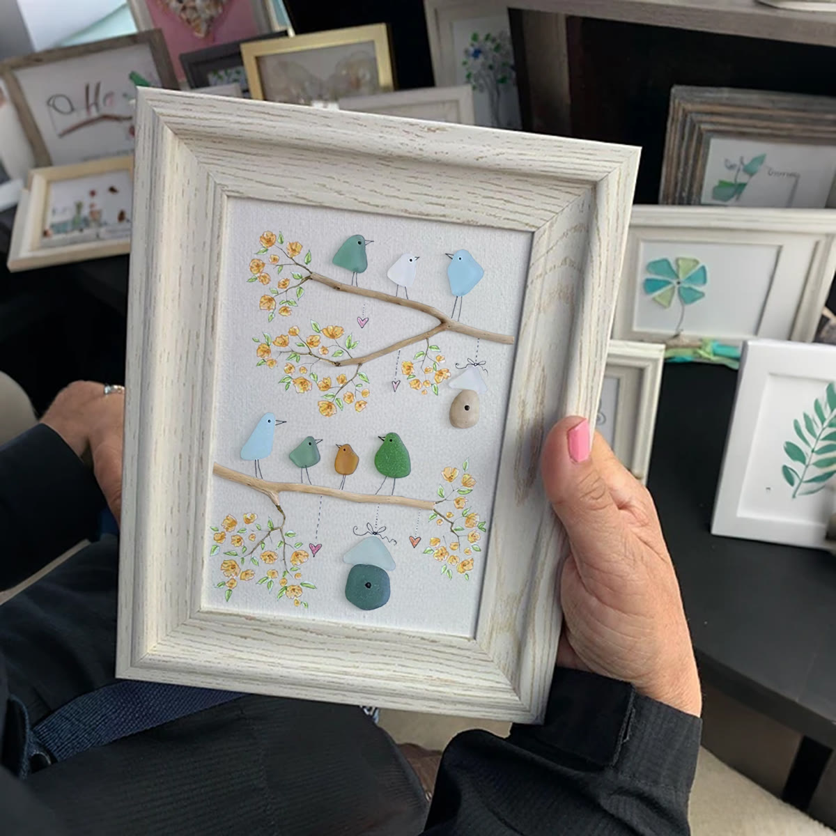 Birds On Blossom Branches Family Sea Glass Framed Art - image 4