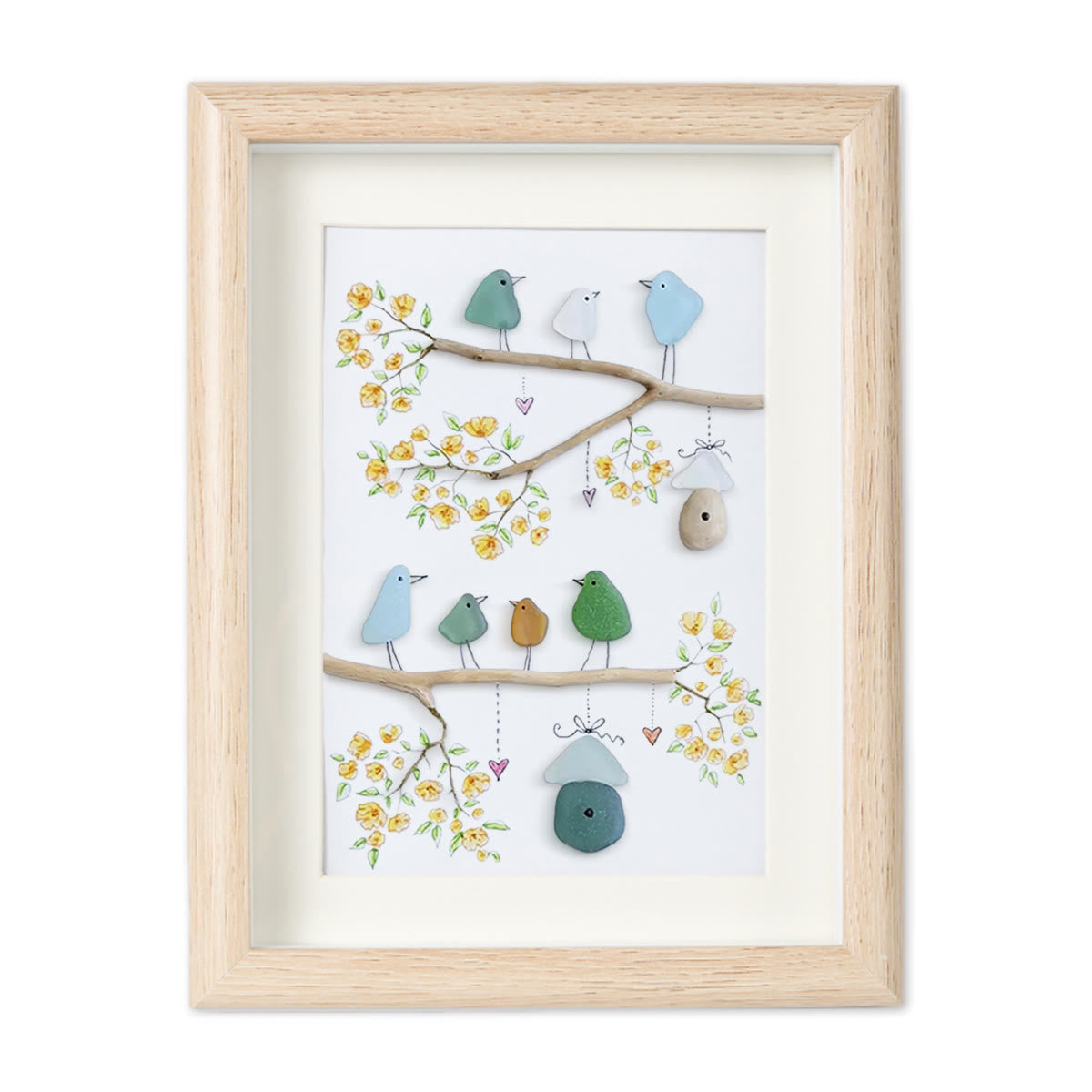 Birds On Blossom Branches Family Sea Glass Framed Art - Oak - 8" X 6" - image 8