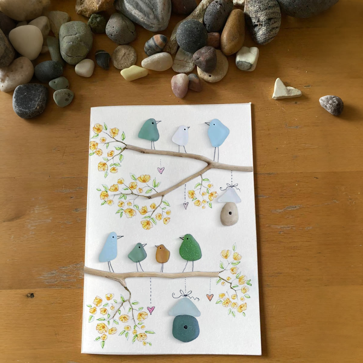 Birds On Blossom Branches Family Sea Glass Framed Art - Seaglass Card - 8" X 6" - image 1