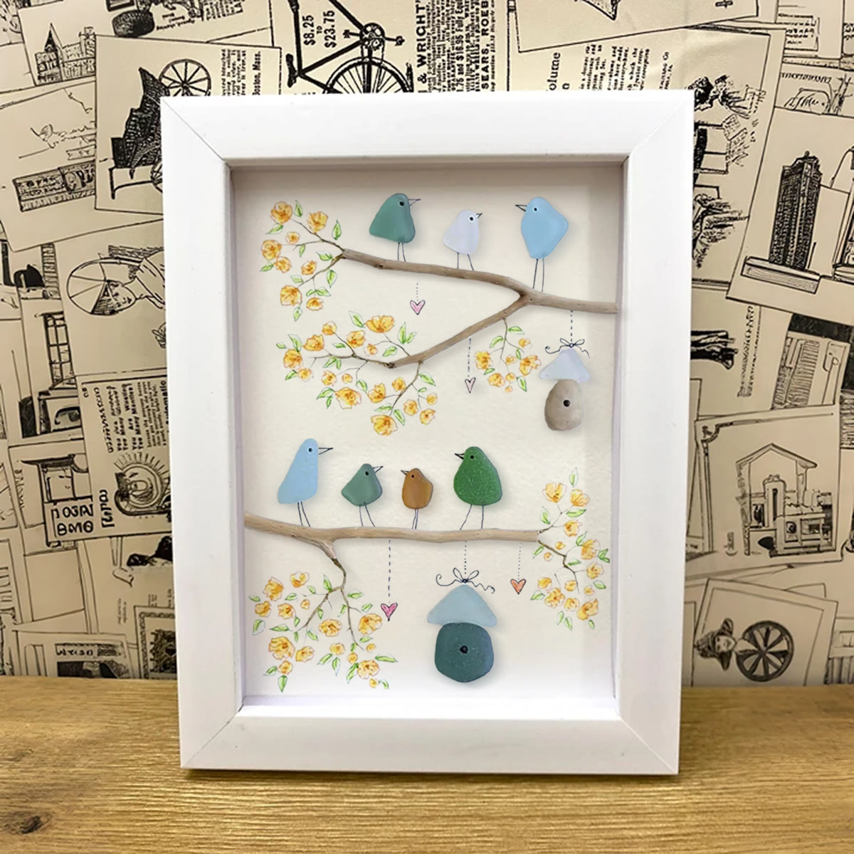 Birds On Blossom Branches Family Sea Glass Framed Art - image 3