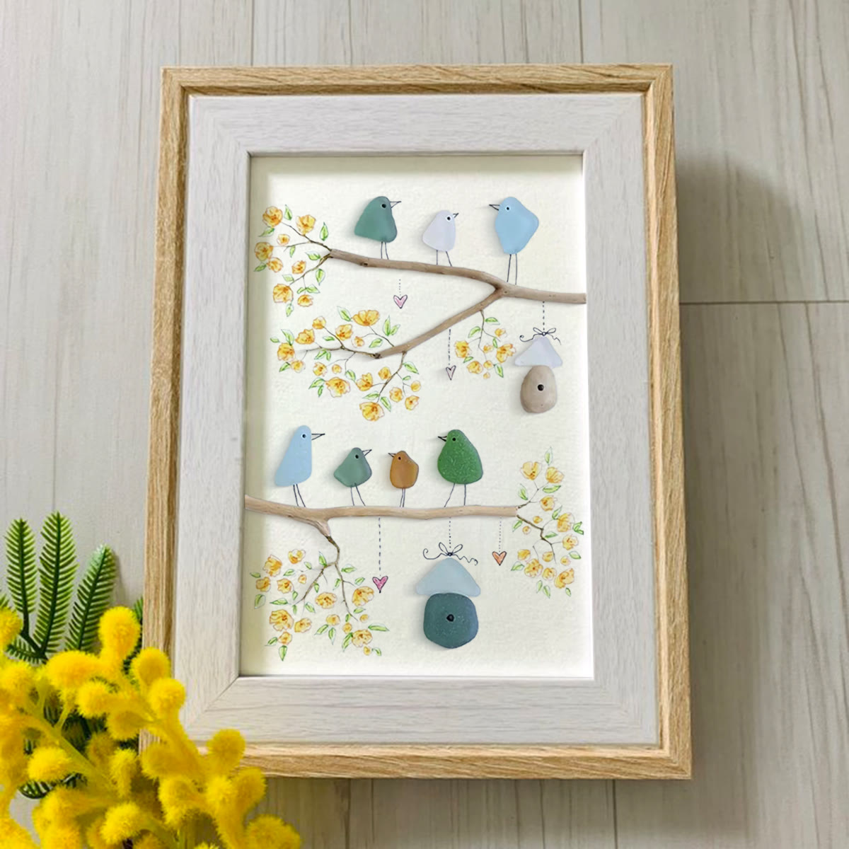 Birds On Blossom Branches Family Sea Glass Framed Art - image 2