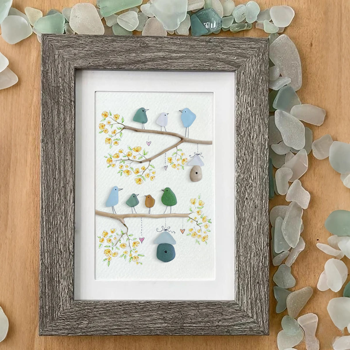 Birds On Blossom Branches Family Sea Glass Framed Art - image 0