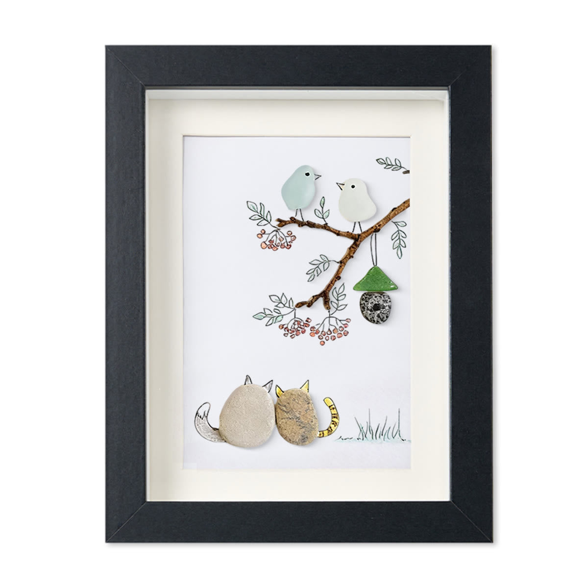 Cats Snuggling Under The Birdhouse Sea Glass Framed Art - Black - 8" X 6" - image 9