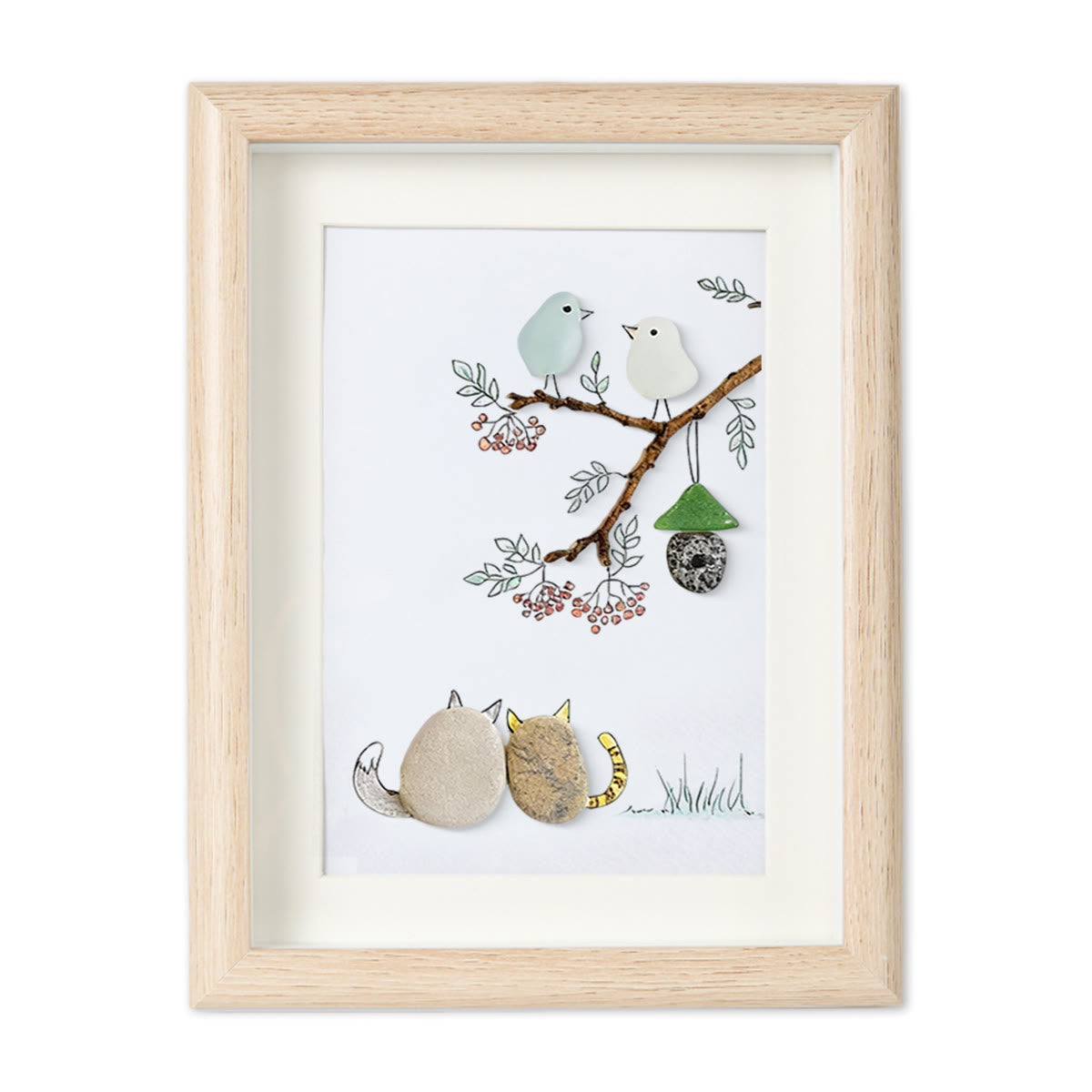 Cats Snuggling Under The Birdhouse Sea Glass Framed Art - Oak - 8" X 6" - image 7