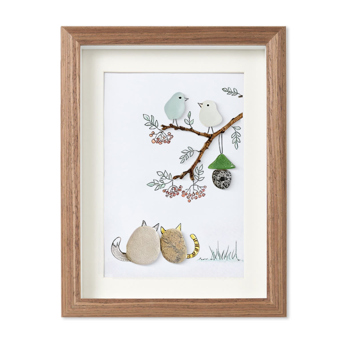 Cats Snuggling Under The Birdhouse Sea Glass Framed Art - Walnut Brown - 8" X 6" - image 8