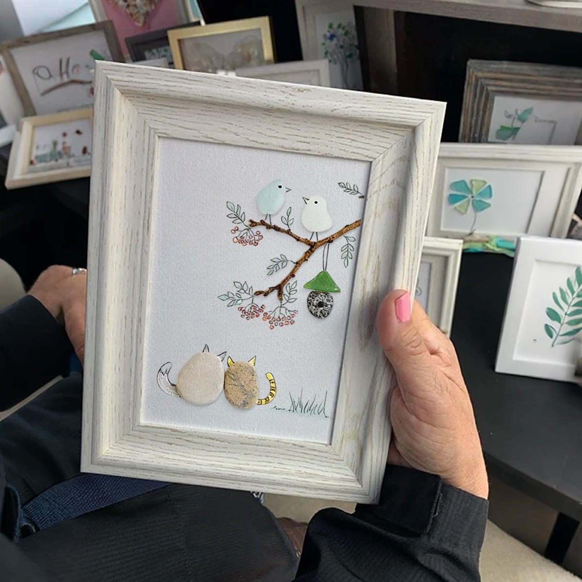 Cats Snuggling Under The Birdhouse Sea Glass Framed Art - image 4