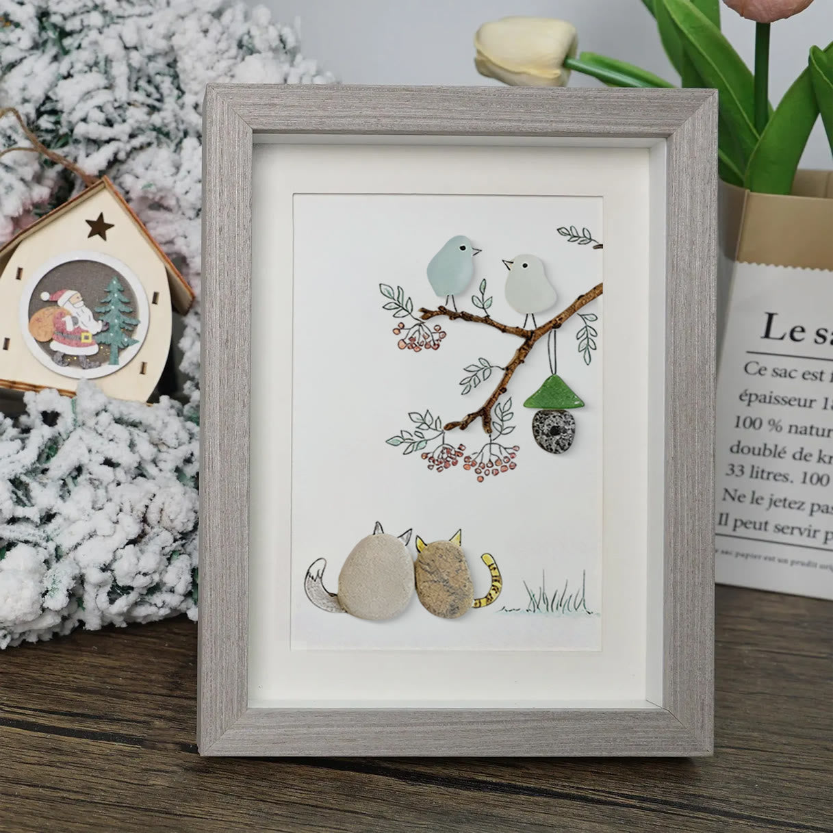 Cats Snuggling Under The Birdhouse Sea Glass Framed Art - image 0