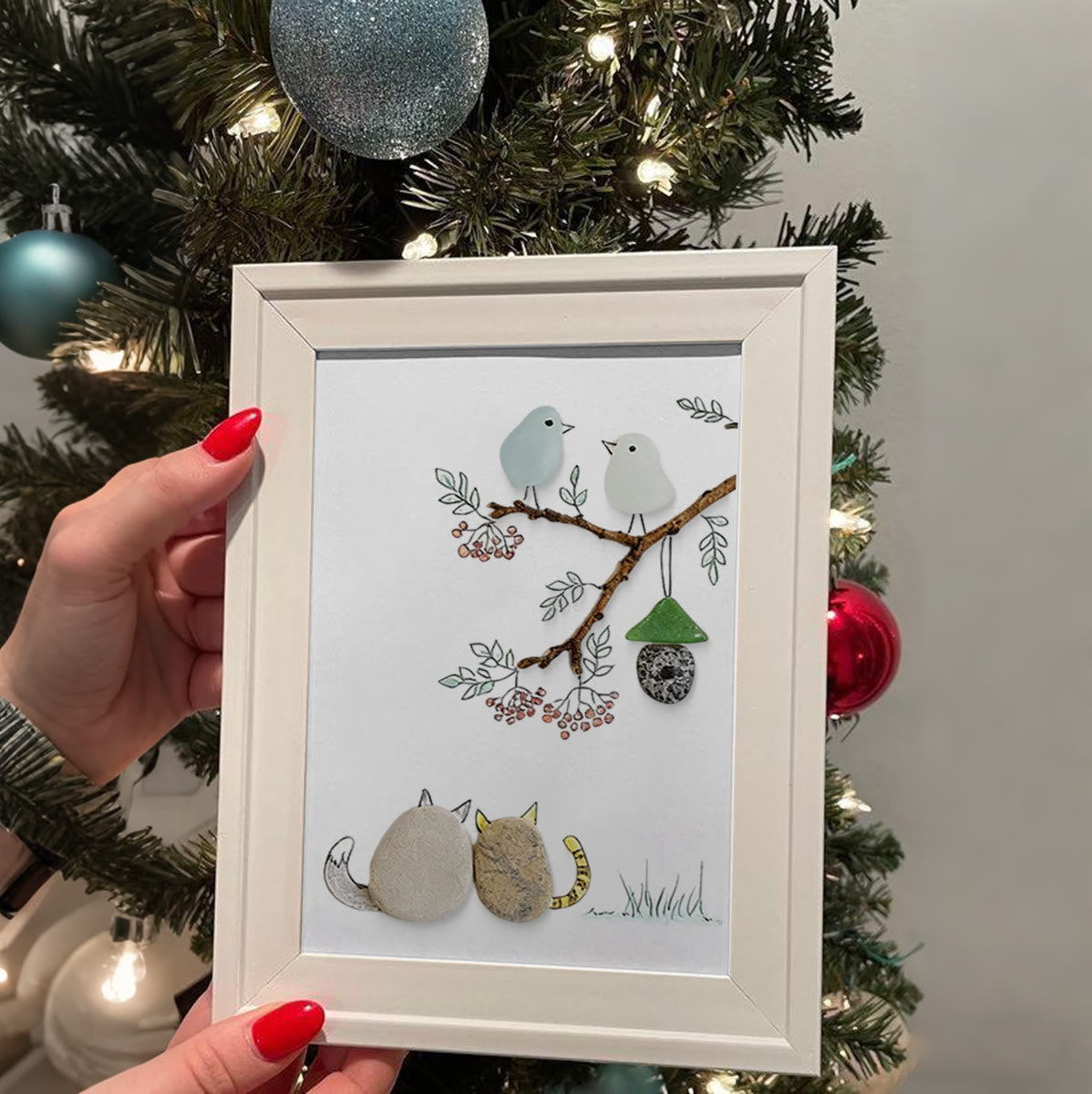 Cats Snuggling Under The Birdhouse Sea Glass Framed Art - image 3