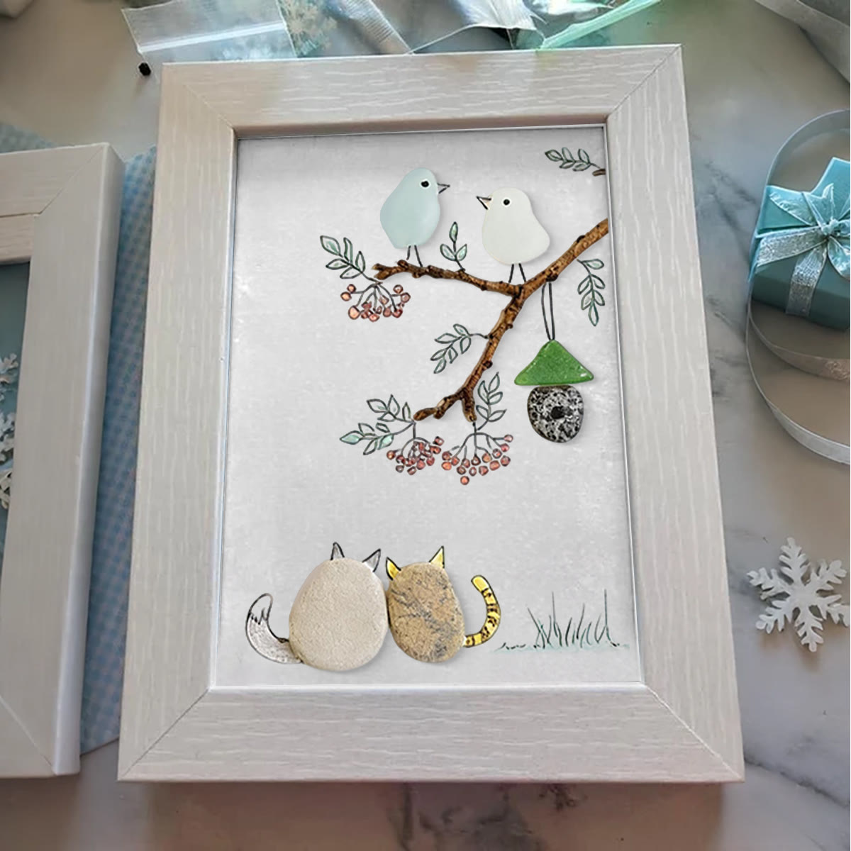 Cats Snuggling Under The Birdhouse Sea Glass Framed Art - image 2