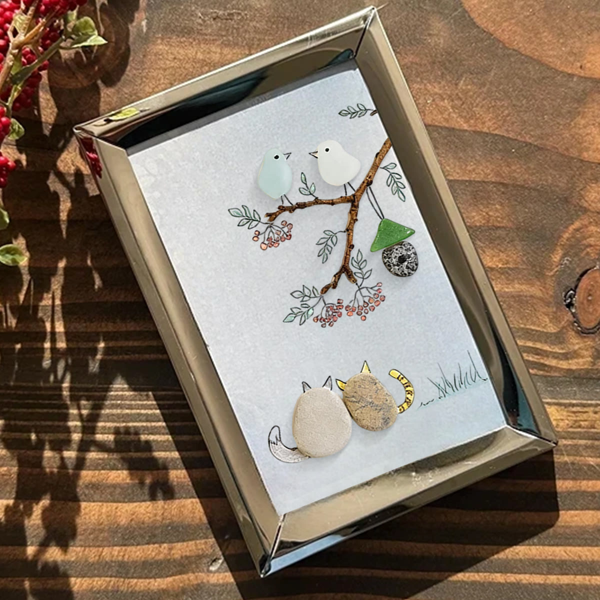 Cats Snuggling Under The Birdhouse Sea Glass Framed Art - image 5