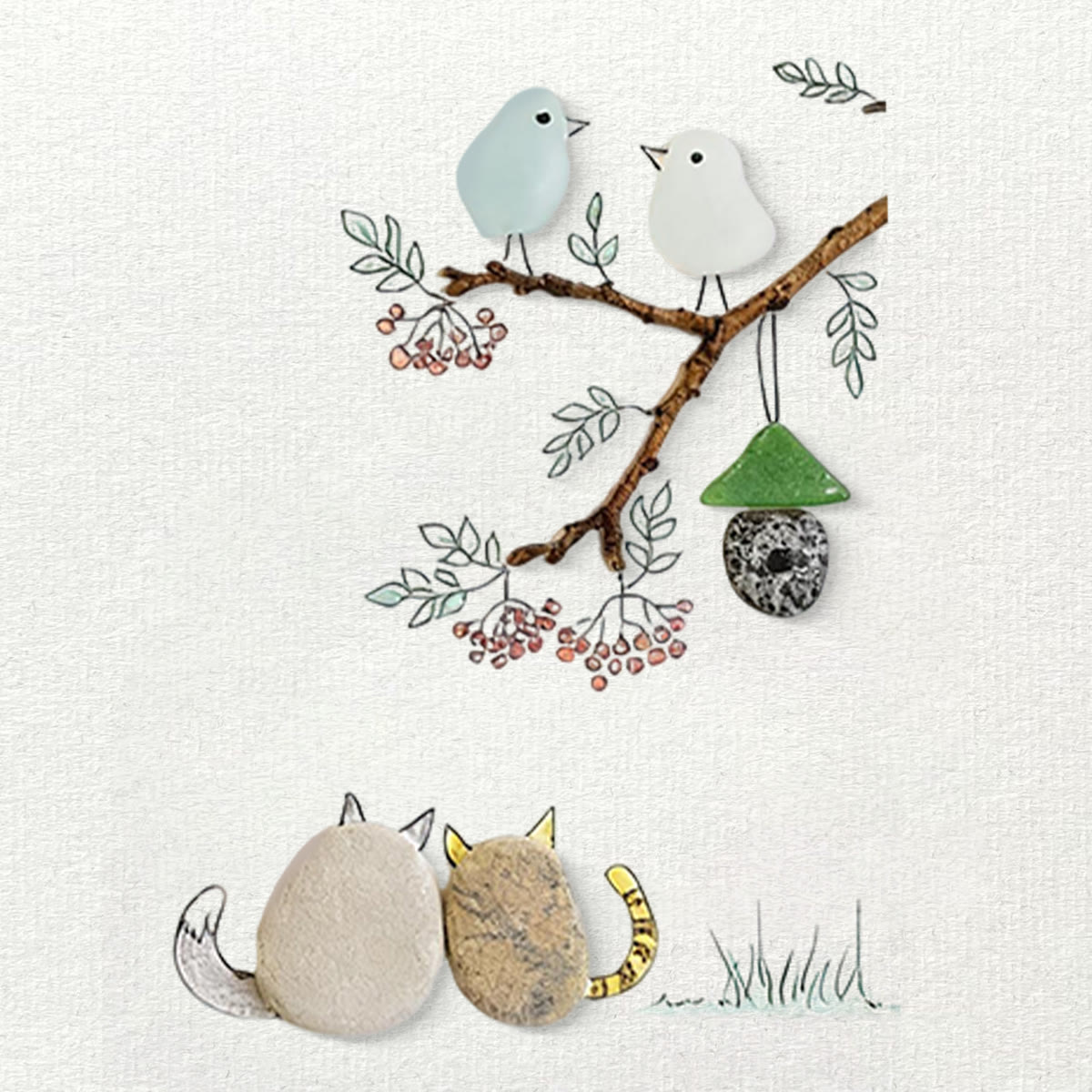 Cats Snuggling Under The Birdhouse Sea Glass Framed Art - Seaglass Card - 8" X 6" - image 1