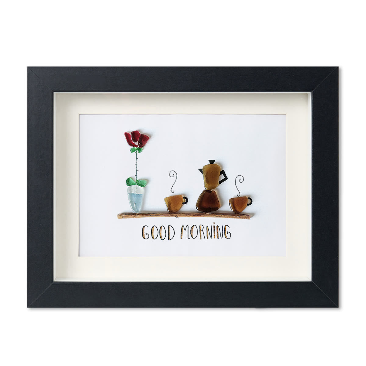 Good Morning Coffee Pot And Mugs Sea Glass Framed Art - Black - 6" X 8" - image 14