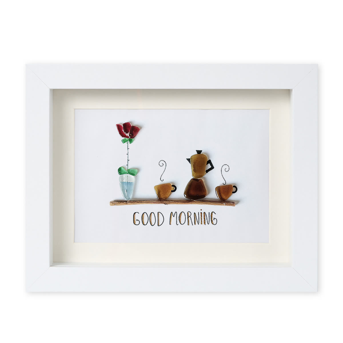 Good Morning Coffee Pot And Mugs Sea Glass Framed Art - White - 6" X 8" - image 15