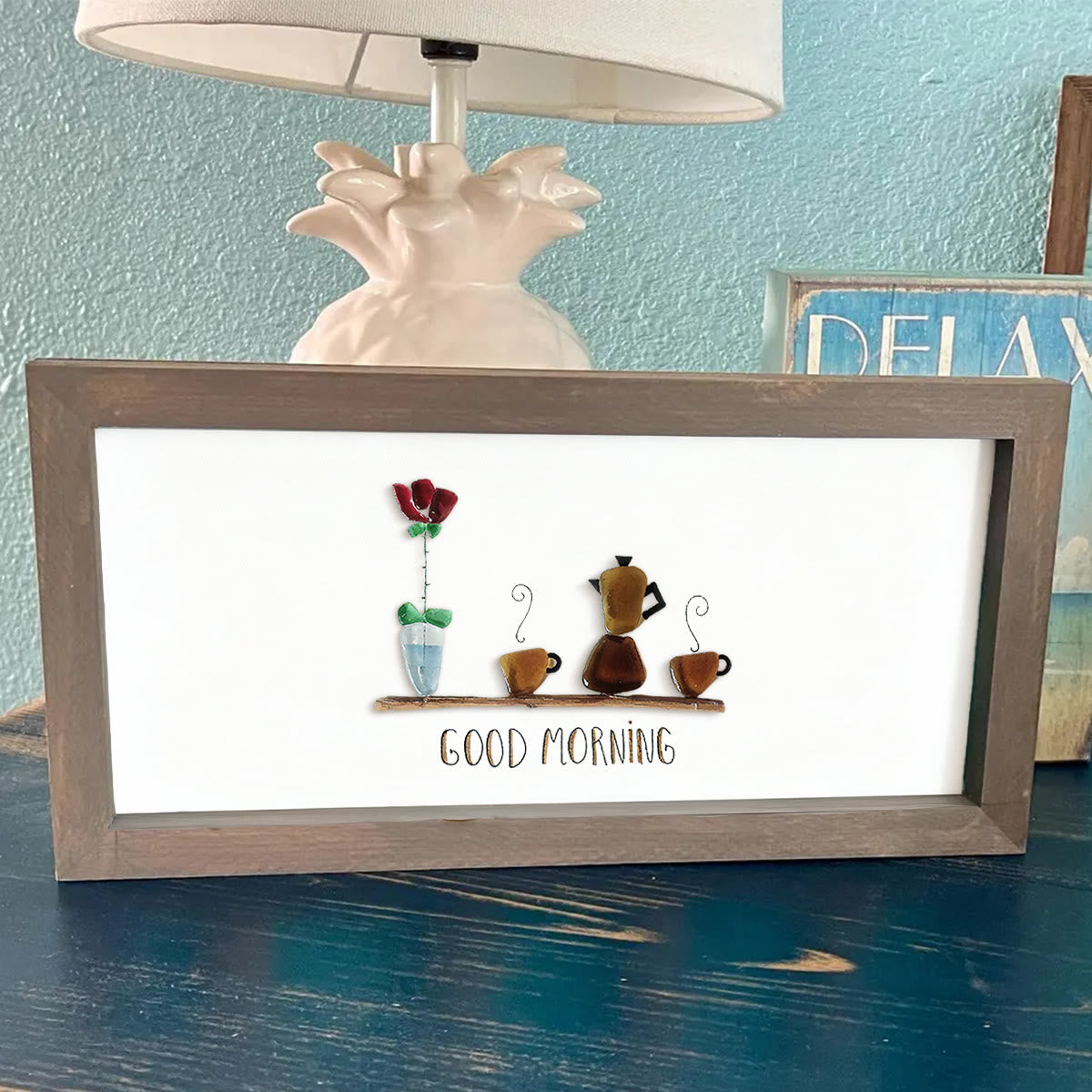 Good Morning Coffee Pot And Mugs Sea Glass Framed Art - image 3