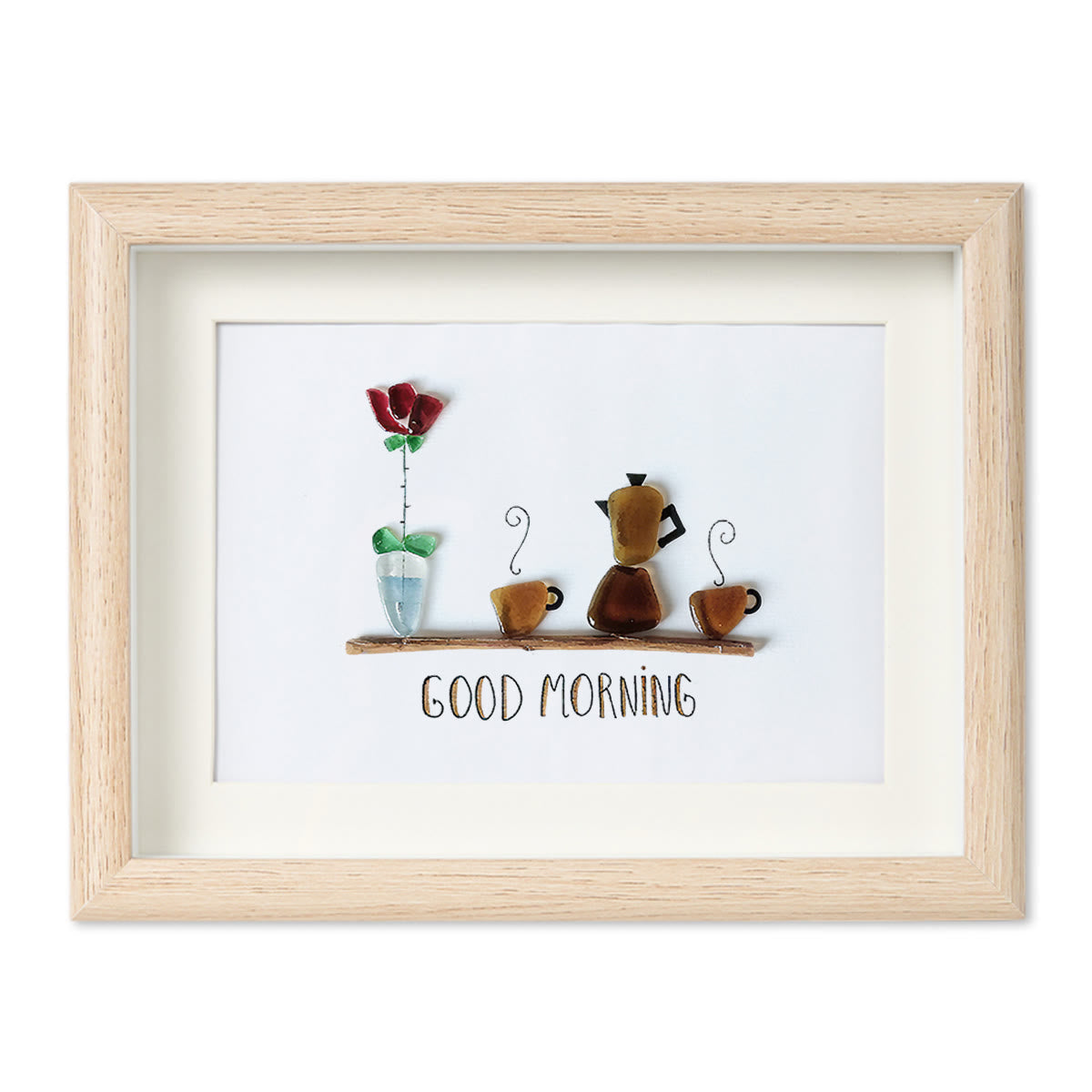 Good Morning Coffee Pot And Mugs Sea Glass Framed Art - Oak - 6" X 8" - image 12