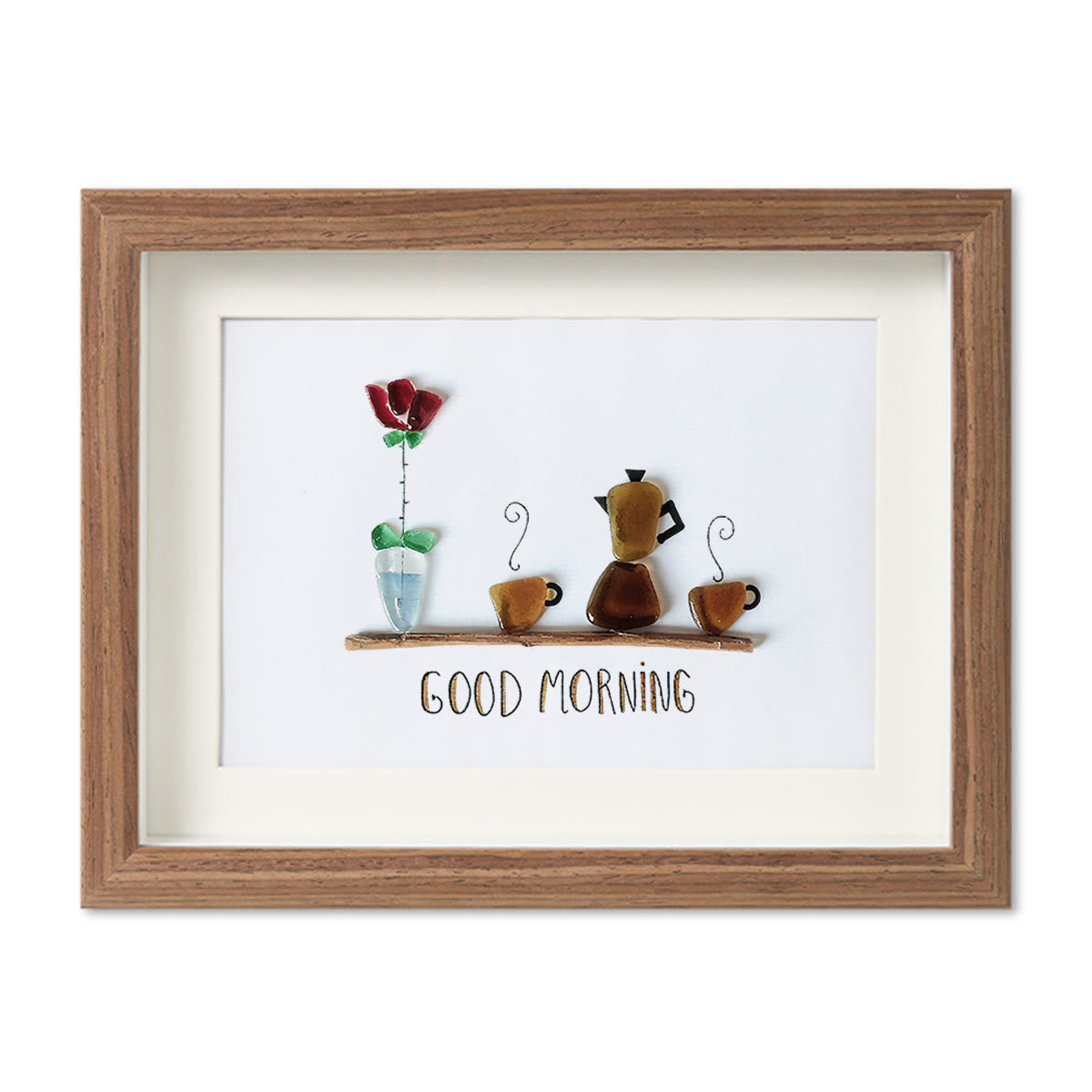 Good Morning Coffee Pot And Mugs Sea Glass Framed Art - Walnut Brown - 6" X 8" - image 13