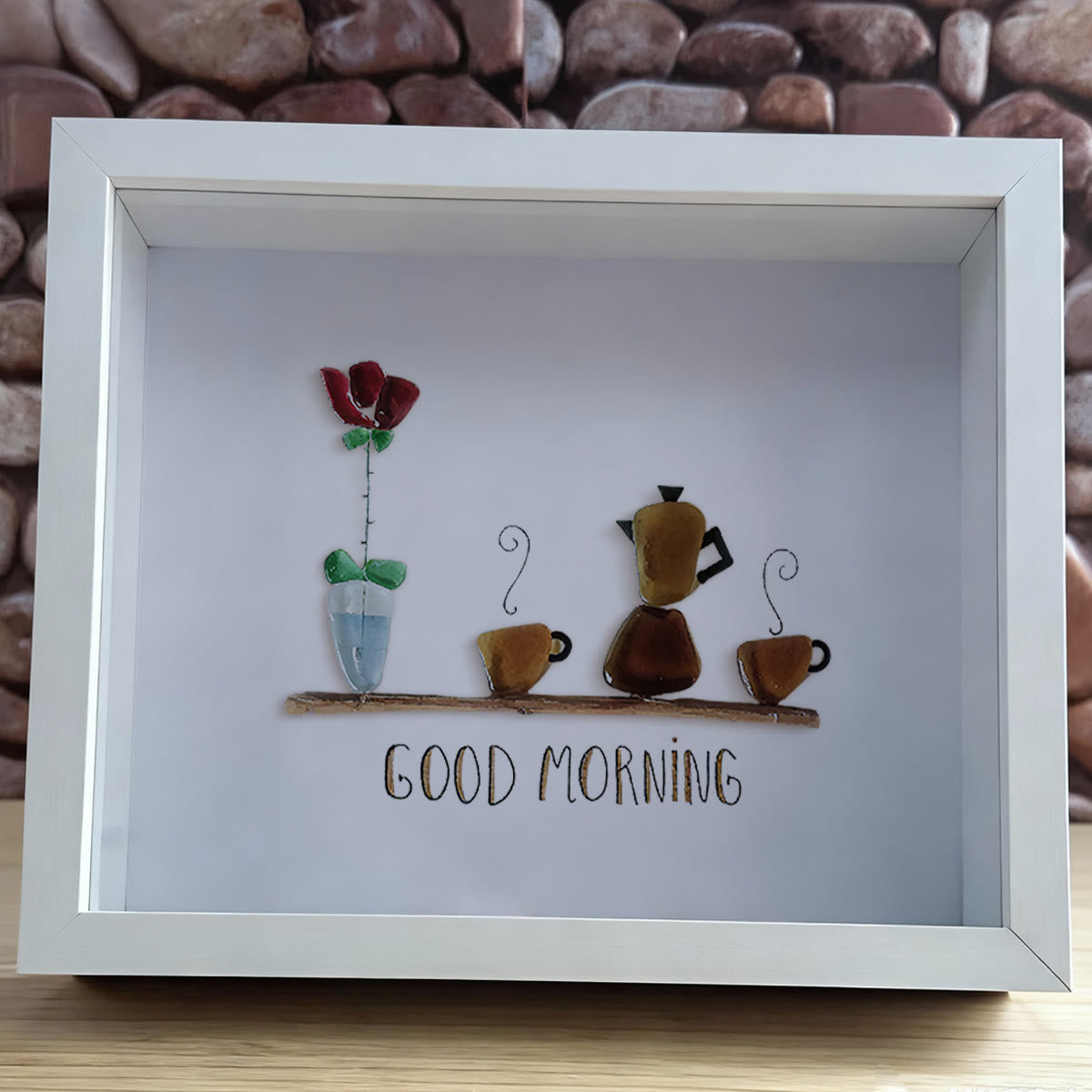 Good Morning Coffee Pot And Mugs Sea Glass Framed Art - image 8