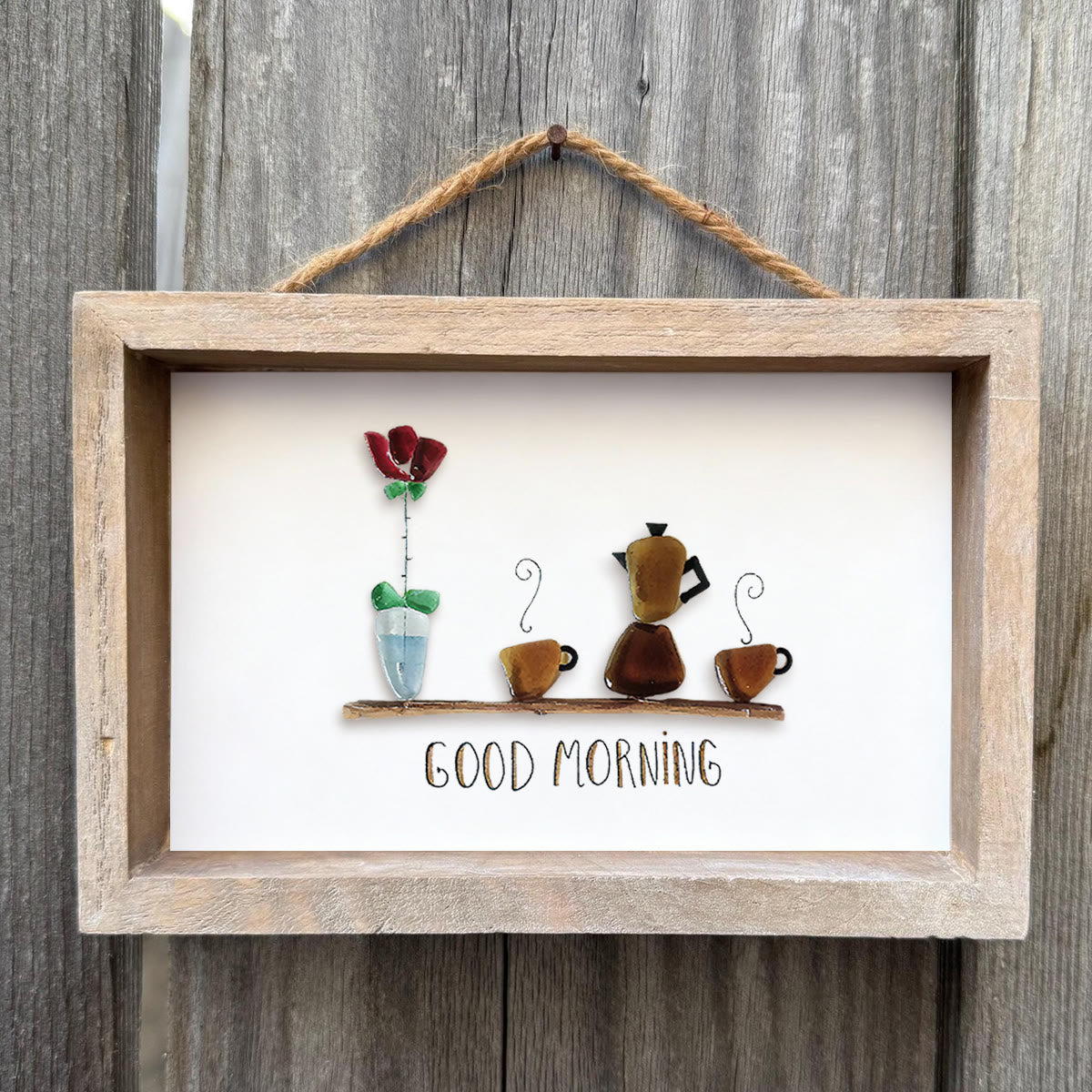 Good Morning Coffee Pot And Mugs Sea Glass Framed Art - image 6