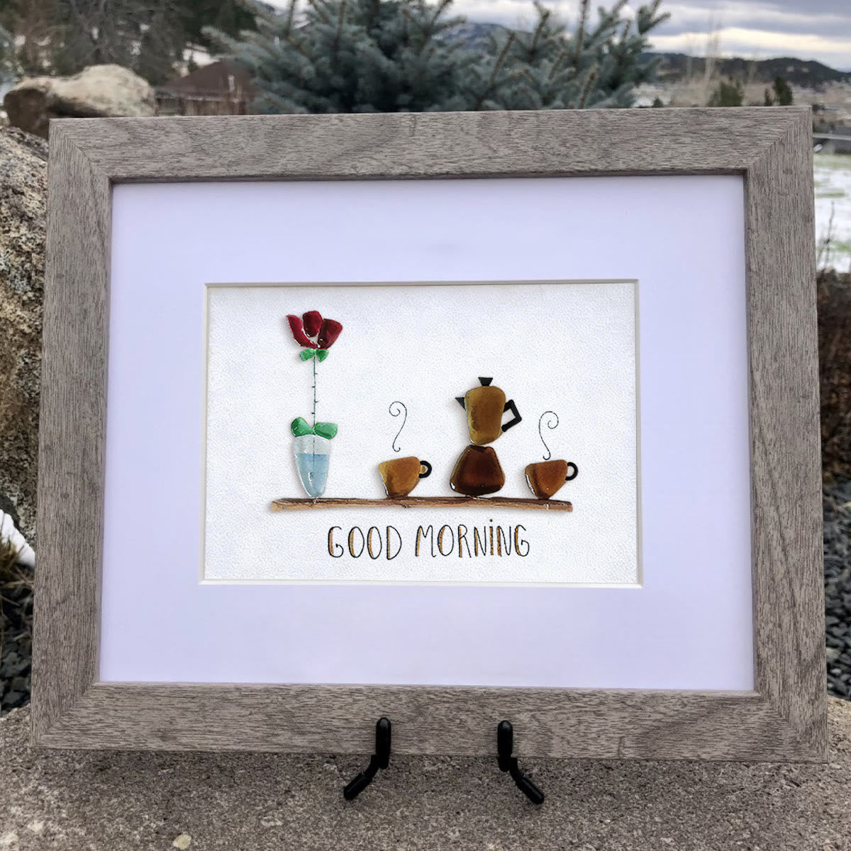 Good Morning Coffee Pot And Mugs Sea Glass Framed Art - image 7