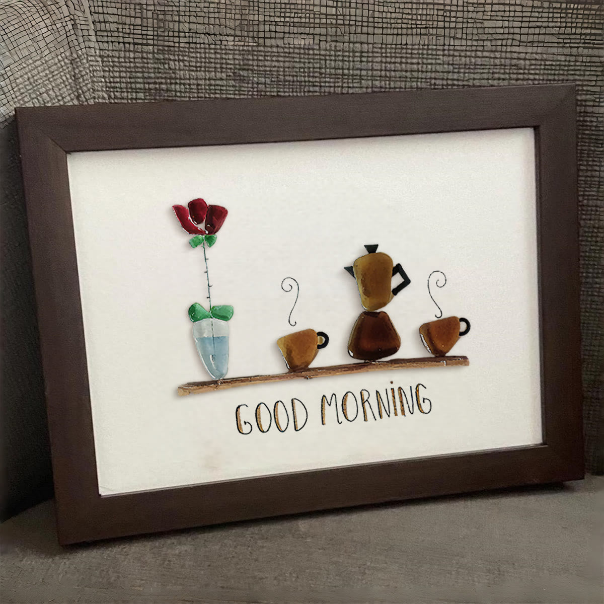 Good Morning Coffee Pot And Mugs Sea Glass Framed Art - image 9