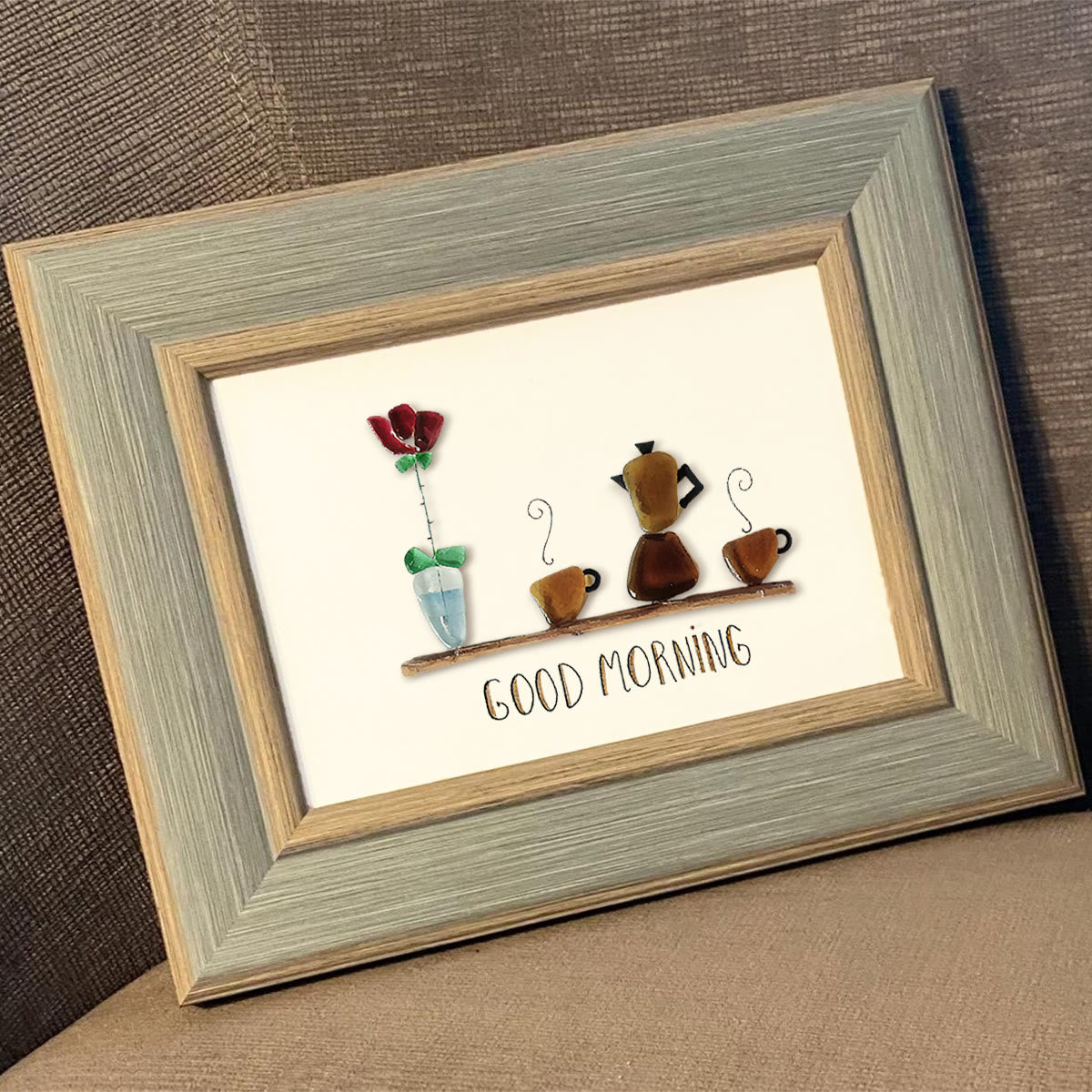 Good Morning Coffee Pot And Mugs Sea Glass Framed Art - image 4