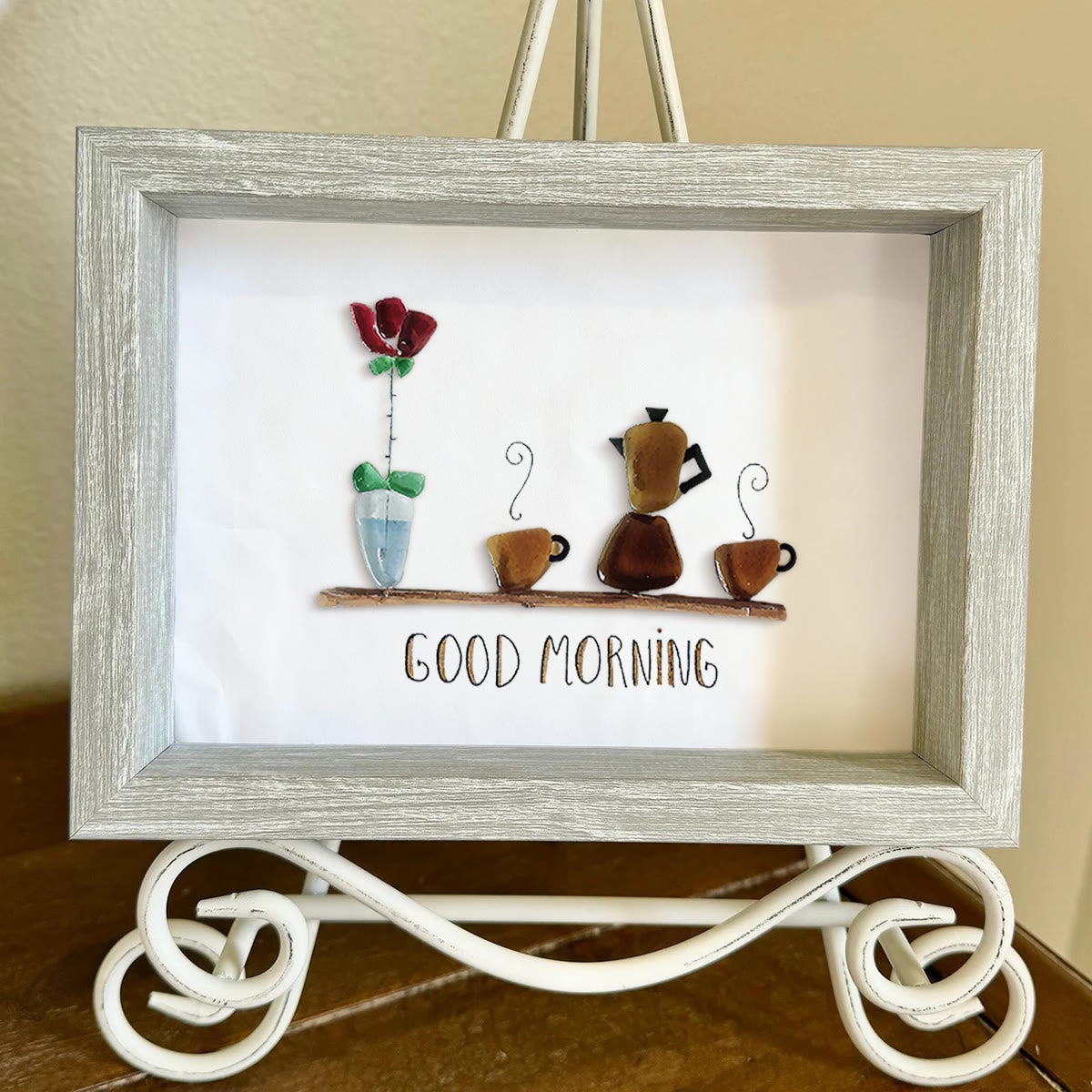 Good Morning Coffee Pot And Mugs Sea Glass Framed Art - image 5