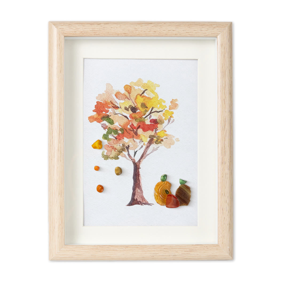 Fall Art Autumn Leaves Pumpkin Sea Glass Framed Art - Oak - 8" X 6" - image 9