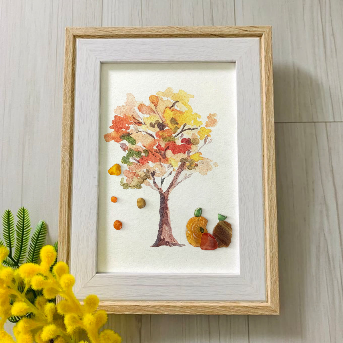 Fall Art Autumn Leaves Pumpkin Sea Glass Framed Art - image 2