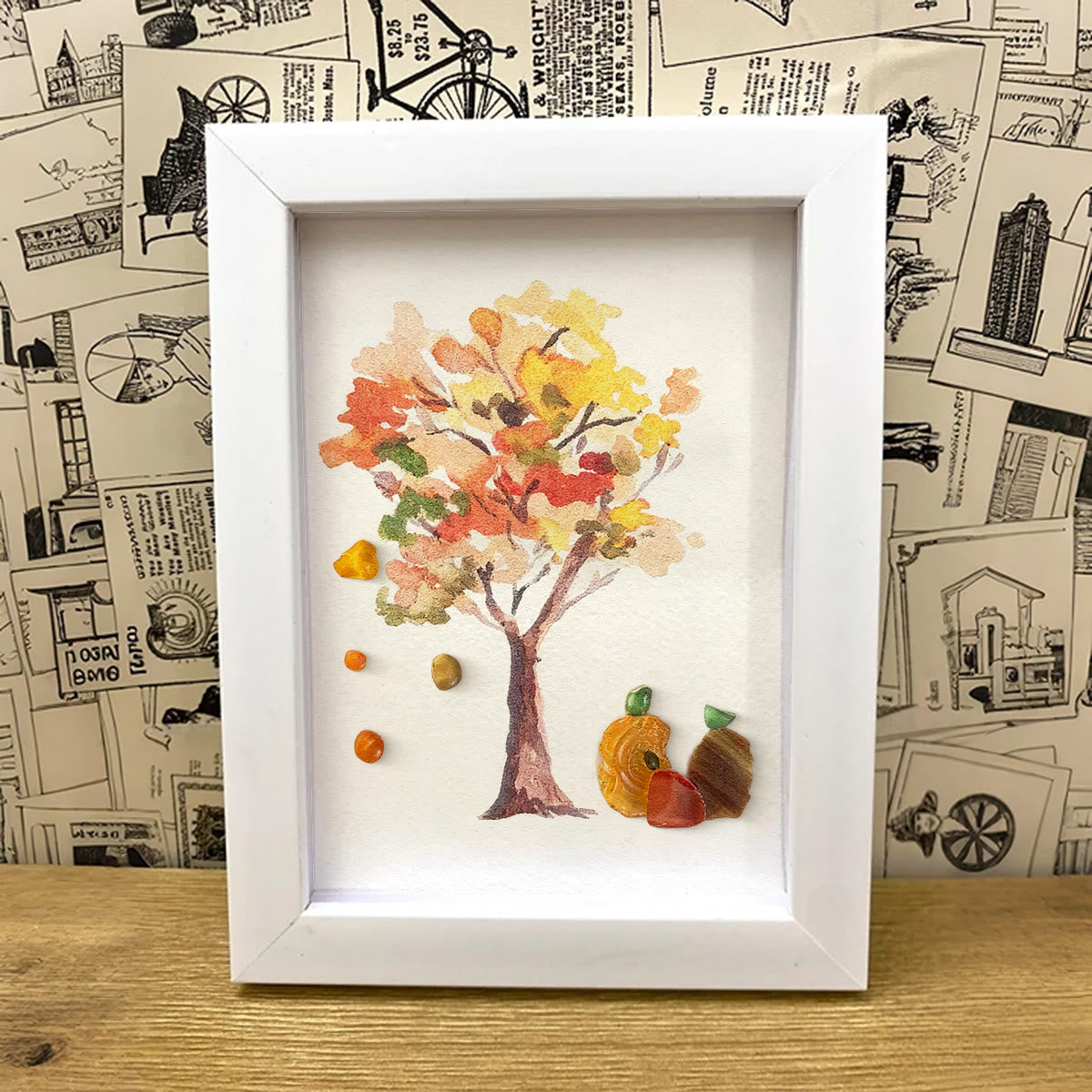 Fall Art Autumn Leaves Pumpkin Sea Glass Framed Art - image 0