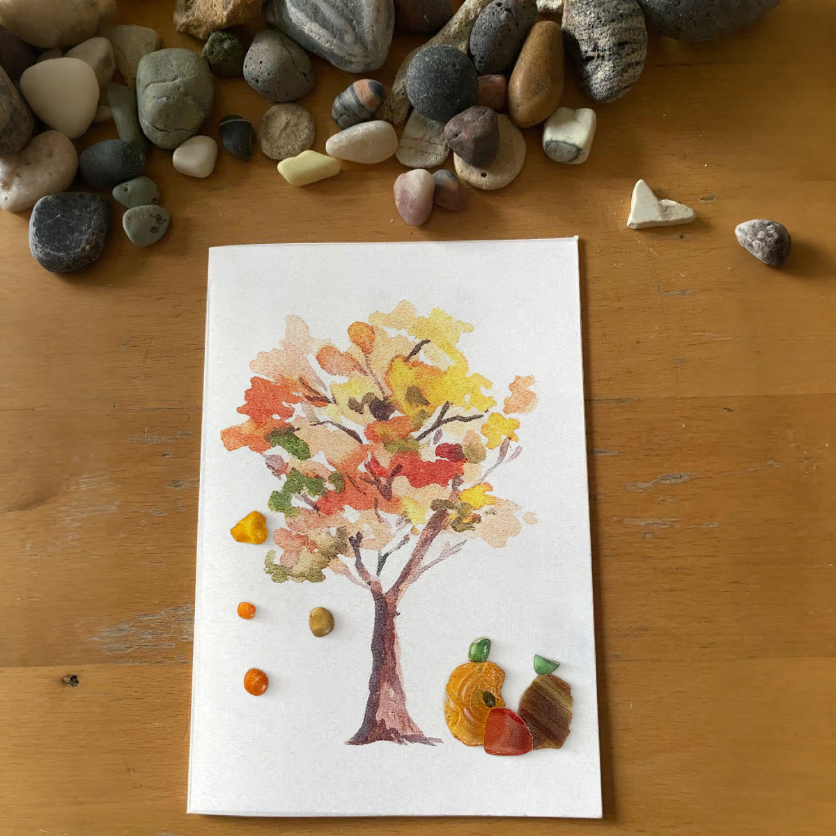Fall Art Autumn Leaves Pumpkin Sea Glass Framed Art - Seaglass Card - 8" X 6" - image 1