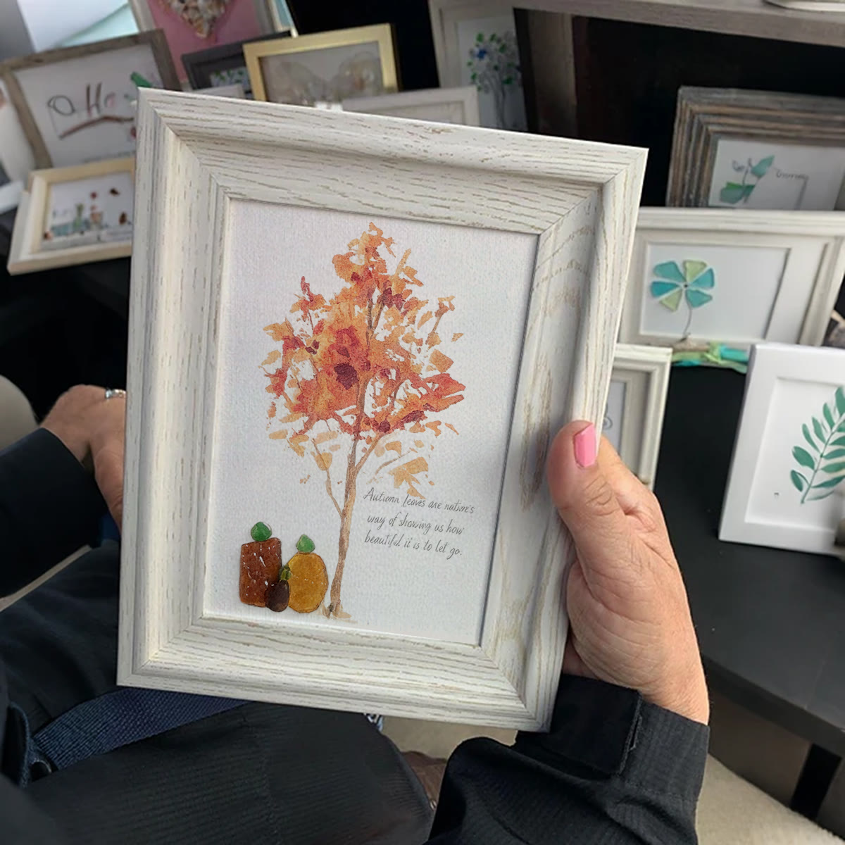 Autumn Quotes Fall Leaves Pumpkin Sea Glass Framed Art - image 4