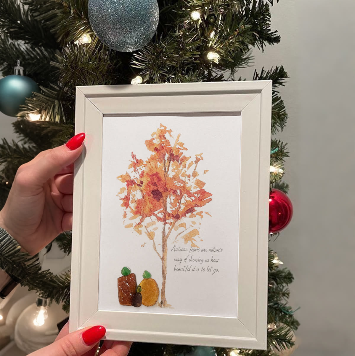 Autumn Quotes Fall Leaves Pumpkin Sea Glass Framed Art - image 2