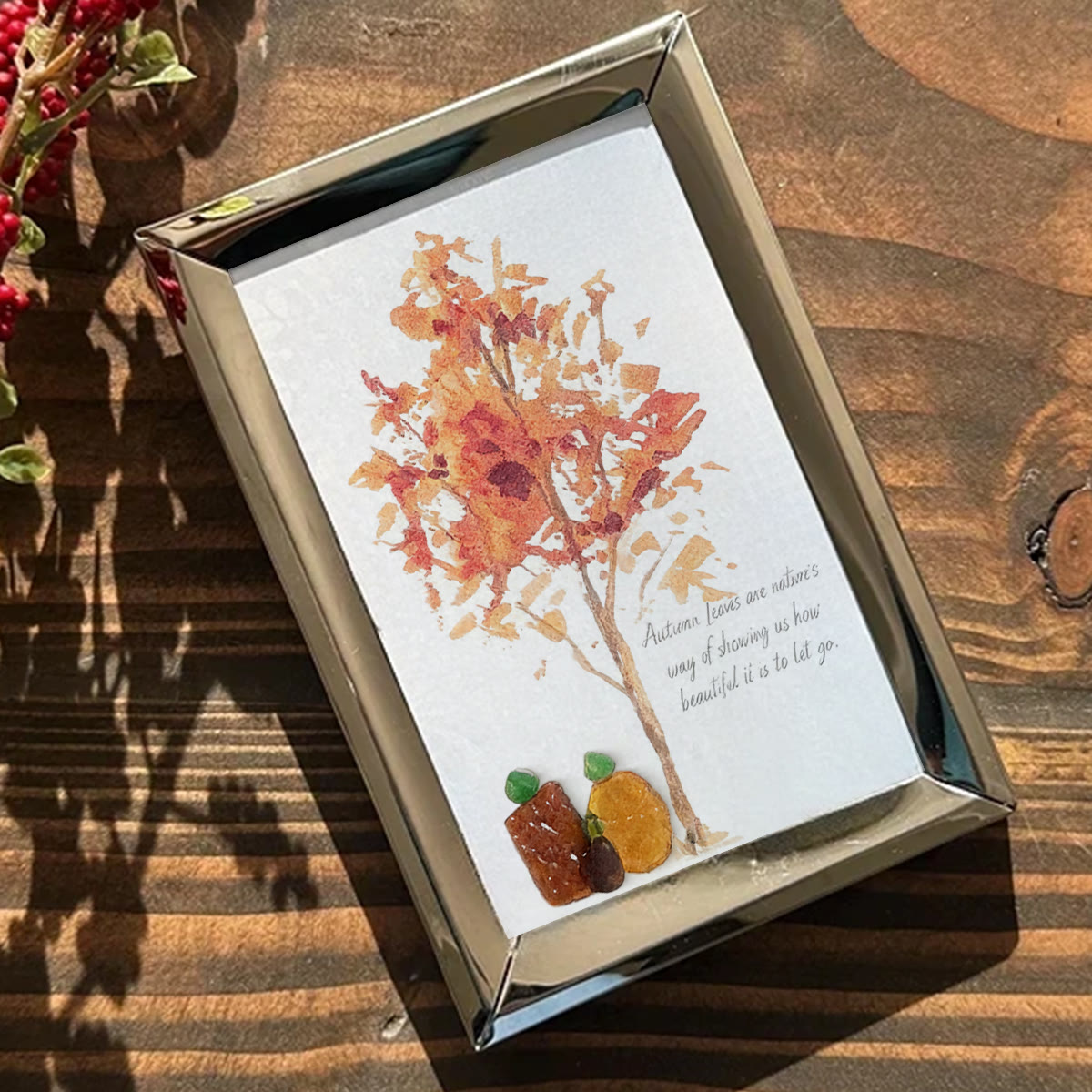 Autumn Quotes Fall Leaves Pumpkin Sea Glass Framed Art - image 0