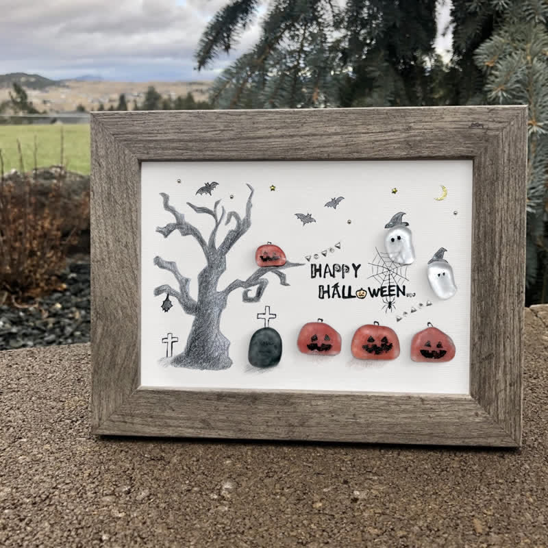 Happy Halloween Jack O Lantern And Ghost Sea Glass Framed Art - image 4