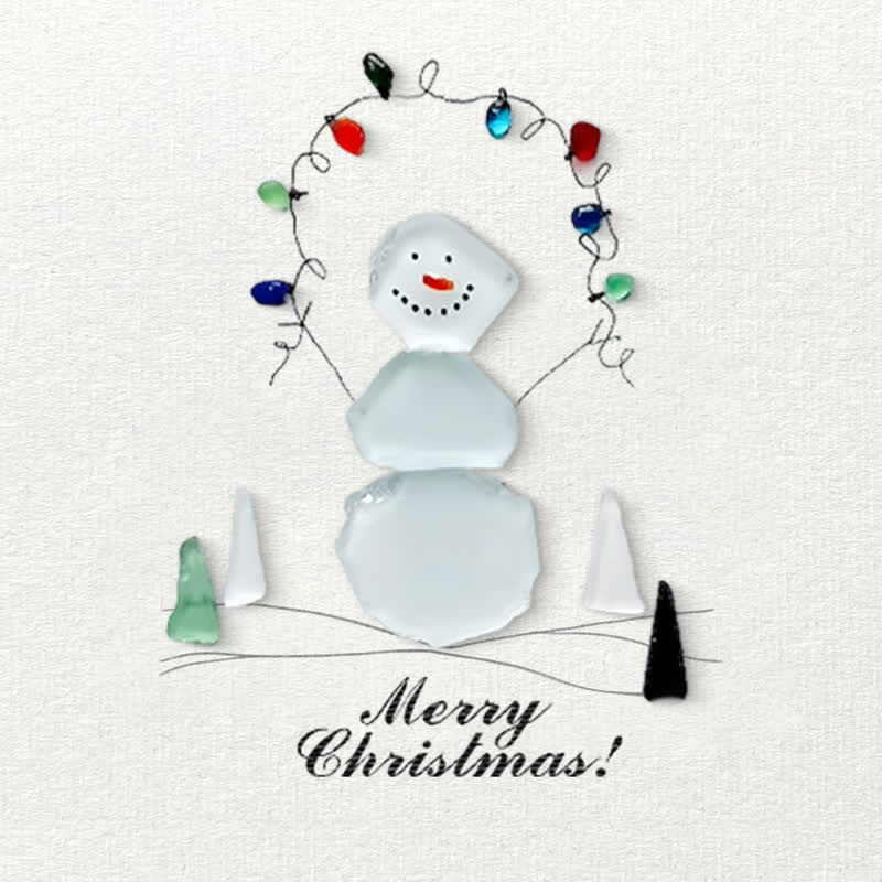 Christmas Snowman With Light Bulbs Sea Glass Framed Art - Seaglass Card - 8" X 6" - image 1