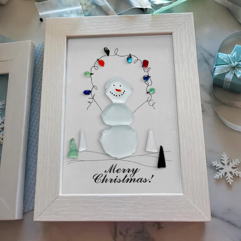 Christmas Snowman With Light Bulbs Sea Glass Framed Art - image 0