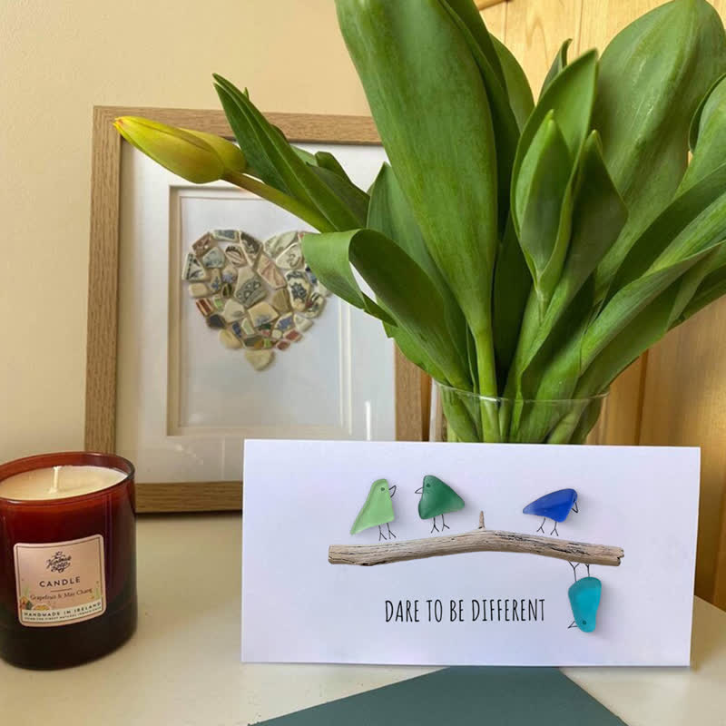 Dare To Be Different Birds Sea Glass Framed Art Inspirational Gift - Seaglass Card - 6" X 8" - image 1