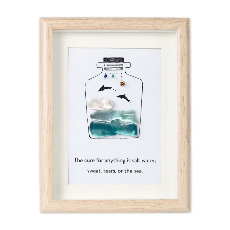 Sea Bottle Sea Glass Framed Art Inspirational Gift - Oak - 8" X 6" - image 9